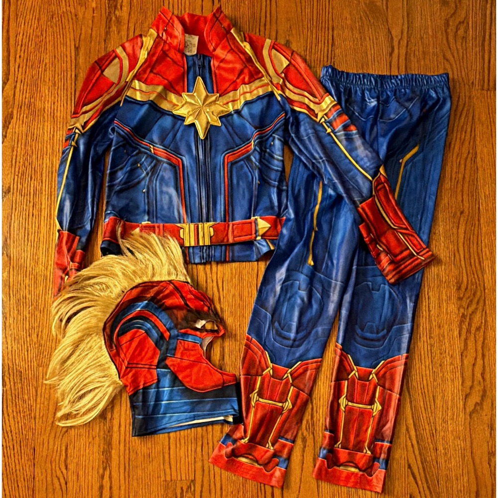 Disney Captain Marvel Girl's Costume Set Jacket Pants Mask  Size 9/10